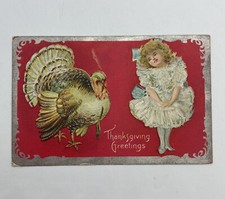 Antique 1910 Thanksgiving Postcard COMICAL Girl in Pink Dress Looking at Turkey picture