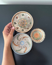 Vintage Horezu Romania Pottery Set 3 Trinket Dishes - Signed - Folk Art picture