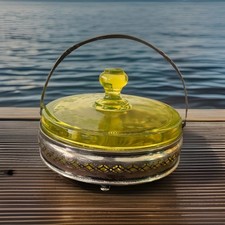 Vintage Yellow Lidded Divided Etched Glass Dish W Silver Carrier  Uranium Glass picture