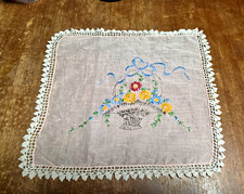 Vintage Pink Embroidered Floral Rectangular Doily with Lace Trim Fabric picture