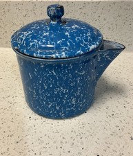 RARE BLUE & WHITE UNUSUAL TEA STEEPER CUP HEAVY Graniteware Enamelware ANTIQUE picture