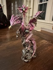 7.5” Purple Dragon Statue Holding Orb Fantasy Gothic Resin Figurine on Rocks picture