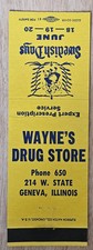 Rare 1950s Wayne’s Drug Store Matchbook Geneva, Illinois Swedish Days BS1A picture