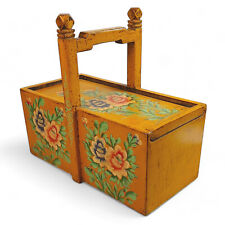 CHINESE WOOD BOX 1880s Yellow  Raised Painted Flowers Handle Antiquities Stamp picture