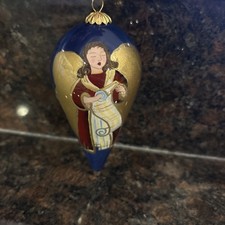2000 Pier 1 Li Bien Reverse Painted Singing Angel Blue Teardrop Ornament 5” picture