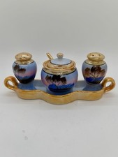 Vintage Japanese Lusterware 6 Piece Condiment Set Tray Hand Painted Sunset picture