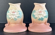 Hull Pottery Water Lilly Candlesticks Pair Taper Candle Holders Pink Yellow picture