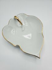 VTG White Ceramic Leaf Trinket Candy Ashtray Dishes SET (2)  Gold Trim  6.75