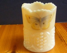 VINTAGE PINK MILK GLASS BUTTON TOOTHPICK HOLDER WITH BUTTERFLY DECOR picture