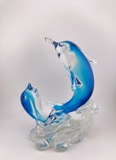 Murano Style Art Glass Dolphin Figurine Blue Clear Hand Blown Sculpture Decor picture
