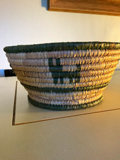 Round Woven Wicker Storage Basket Bowl, Beige/Green Bohemian Medium Textured picture