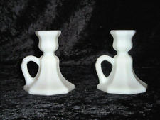 VTG Milk Glass White Paneled Handled Candlestick Pair Taper Candle Holders picture