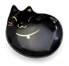 Japanese Handmade Small Plate Cat Shape Black Gold Line Pottery Seto ware picture