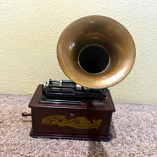 Vintage Thomas Home Tabletop Phonograph Cylinder Player w/ Horn, Wood Cabinet picture