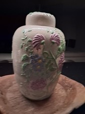 Vtg 1978 Arnels Ceramic Ginger Jar Urn Lid Raised 3D Floral Vase Cream Crackle picture