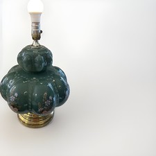 Vintage MCM Carl Falkenstein Green Teal Blue Bubble Glass table Lamp w/ flowers picture