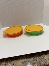 Lot 2 Tupperware Baby Stages Set Divided Dish /Bowl Handle & Seal Green & Orange picture