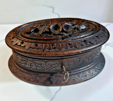 Antique Black Forest Hand Carved Wood Box Brienz Floral Lock & Key Velvet Lined picture