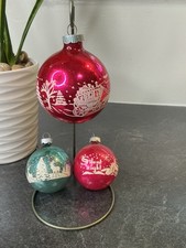 3 Shiny Brite Silent Night PINK & Green Winter Glass Stencil Christmas Ornament picture