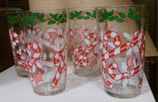 Set 4 Vintage Hazel Atlas Christmas Candy Cane Holly Glasses Tumbler Mid Century picture