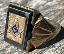 Vintage Mens Masonic Ring 10K Gold Back Onyx Freemason Compass Dason picture