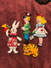 VTG Alice In Wonderland Handmade Felt Ornaments Set Of 4 Mad Hatter Rabbit Cat picture