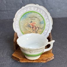Vintage Houston Texas Souvenir Miniature Tea Cup Saucer Set Made in Japan Stand picture