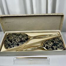 Vintage Matson Black and Gold Floral Vanity Dresser Set Brush Comb Mirror NIB picture