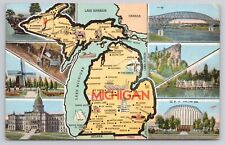 Michigan State Map Multiview Tourist Sights Vintage Postcard picture
