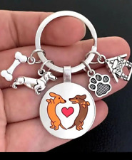 NEW Silver DACHSHUND Dog KEYCHAIN 4 Charms 1 Round Glass HEART Paw Bone HOUSE picture