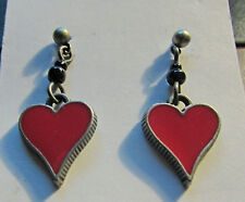 Disney Red Enamel Heart Earrings  Shape Pierced Hanging  Dangle  Silver Tone  picture