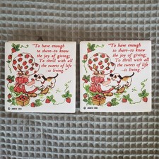 VTG 1981 Jasco Ceramic Trivets Wall Hanging Plaques Strawberry Girl Dog Set 2 picture