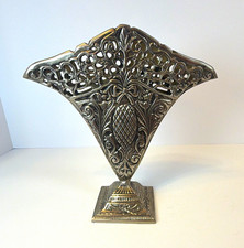 Art Nouveau Fan-Shaped Metal Vase, Floral Pattern Carvings, Metallic Finish picture