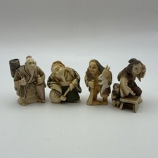 Vintage Japanese Okimono Netsuke Style 4pc Set - Resin Figures Signed Lot picture