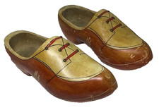 Decorative Dutch Wood Clogs Holland Hand Carved Painted Laced Shoes Red Vintage picture
