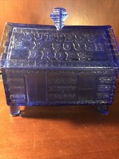 Lutted’s S.P. Couph Drops Cobalt Blue Glass Log Cabin Candy Dish Vintage picture