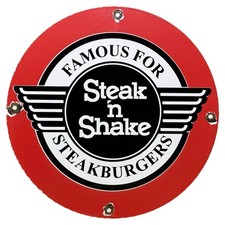 VINTAGE STEAK 'N SHAKE PORCELAIN SIGN FAMOUS FOR STEAKBURGERS DINER RESTAURANT picture