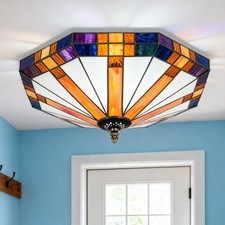 Tiffany Glass Living Room Ceiling Light, Retro Octagonal Three Headed Lamp, New picture