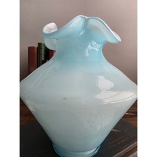 Rare Vintage Fenton Powder Blue Overlay Cased Glass Tri-Crimp Ruffled Vase 1940s picture