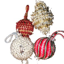4 Vtg Push Pin Xmas Ornaments Completed Kit Beads Sequin Fancy Cracker Box Style picture
