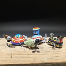 Vintage Tin Litho Wind-Up 5 Toy  Lot – Robot UFO Bird Train Cricket picture
