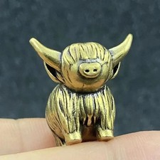 Mini Brass Highland Cow Figurine Vintage Copper Animal Statue Desk Decor Gift picture