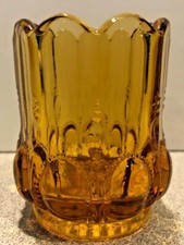 Vintage DEGENHART Light Amber GLASS Footed BEADED OVAL Toothpick Holder picture