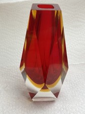 1-Murano 1960s Flavio Poli Faceted Triple-cased Red Yellow Vase Mcm Vintage picture