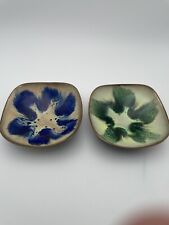 Set Of Two Vintage MCM Copper Enameled Dish, by E. Krage, Norway Blue Green picture