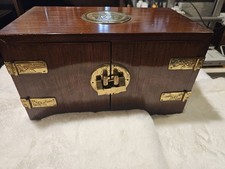 Vintage Asian Rosewood Jewelry Chest 6 Drawer Brass Fu Medallion Turquoise Silk picture