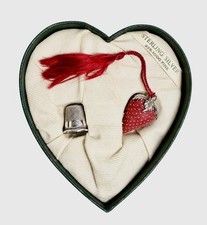 Antique Victorian Sterling Silver Sewing Set Heart Box Strawberry Emery Thimble picture