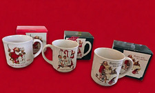 Norman Rockwell Santa Claus Christmas Painted Ceramic Coffee Mugs Set of 3 Boxed picture