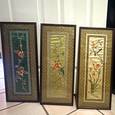 Vintage Chinese Silk Embroidery Framed Panels set of 3 Bird floral Wall Art  picture