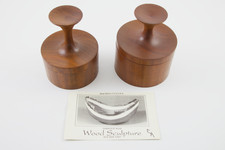 2 Handcrafted Danish Modern Signed Sculptural Walnut Jewelry Trinket Jars Boxes picture